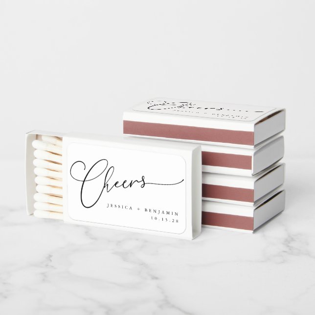 Cheers Minimal Black White Script Custom Wedding Matchboxes (Stacked)