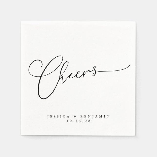 Cheers Minimal Black White Script Custom Wedding Napkins (Front)