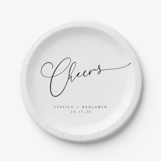 Cheers Minimal Black White Script Custom Wedding  Paper Plates (Front)