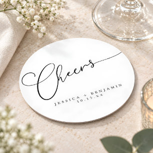 Cheers Minimal Black White Script Custom Wedding Round Paper Coaster