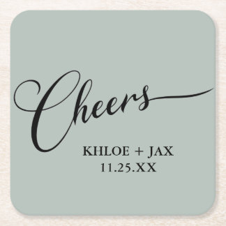 Cheers Minimal Black White Script Custom Wedding Square Paper Coaster