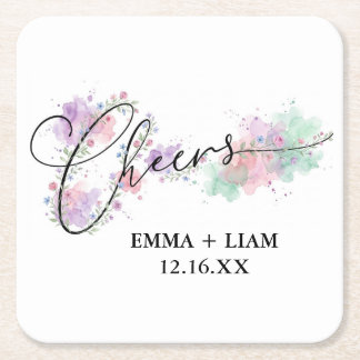 Cheers Minimal Black White Script Custom Wedding Square Paper Coaster
