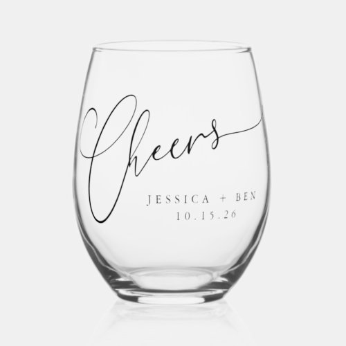 Cheers Minimal Black White Script Custom Wedding Stemless Wine Glass