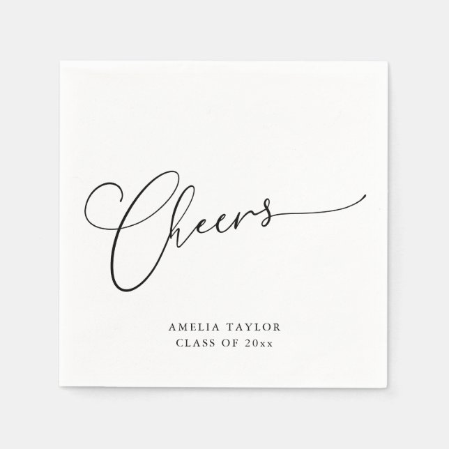 Cheers Minimal Black White Script Graduation Party Napkins (Front)