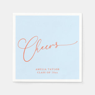 Cheers Minimal Blue Orange Script Graduation Party Napkins