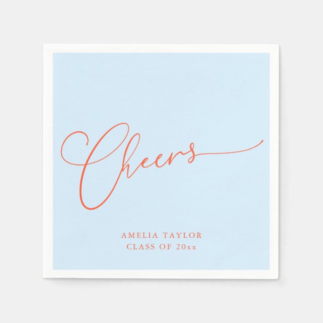 Cheers Minimal Blue Orange Script Graduation Party Napkins (Front)