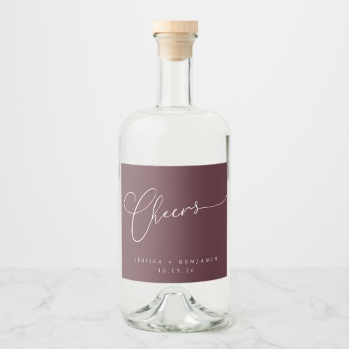 Cheers Minimal Burgundy Script Custom Wedding  Liquor Bottle Label