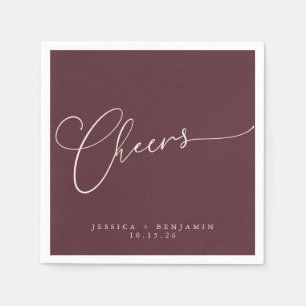 Cheers Minimal Burgundy Script Custom Wedding Napkins