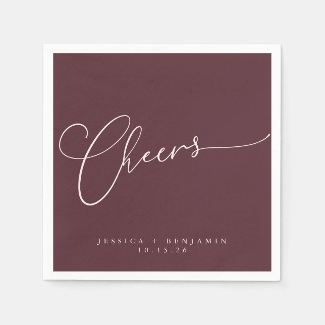 Cheers Minimal Burgundy Script Custom Wedding Napkins (Front)
