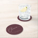 Cheers Minimal Burgundy Script Custom Wedding Round Paper Coaster<br><div class="desc">Cheers Minimalist Burgundy Script Custom Wedding Round Paper Coaster</div>