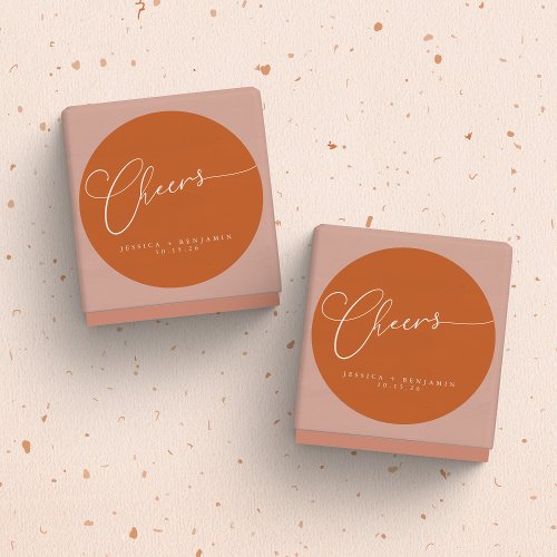 Cheers Minimal Burnt Orange Script Custom Wedding Classic Round Sticker