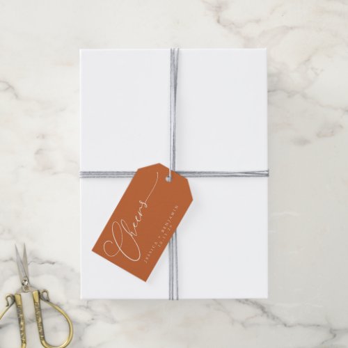 Cheers Minimal Burnt Orange Script Custom Wedding Gift Tags