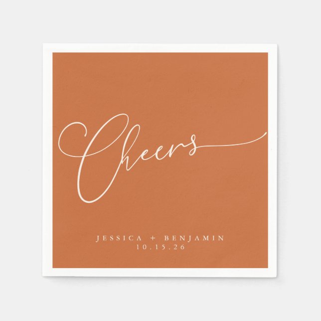 Cheers Minimal Burnt Orange Script Custom Wedding Napkins (Front)