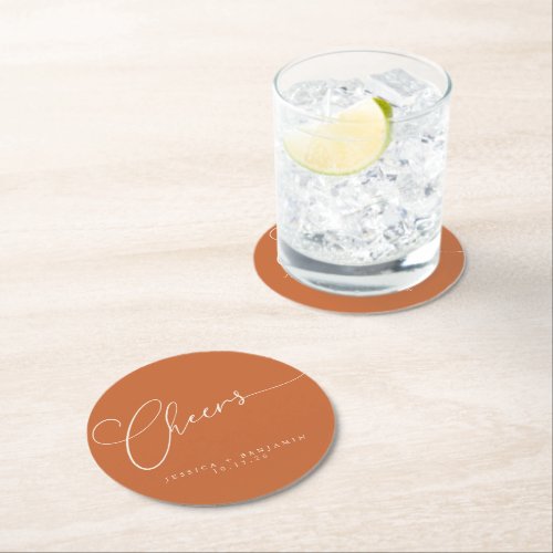 Cheers Minimal Burnt Orange Script Custom Wedding Round Paper Coaster