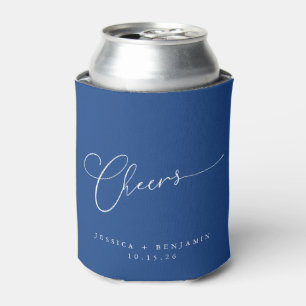 Cheers Minimal Cobalt Blue Script Custom Wedding Can Cooler