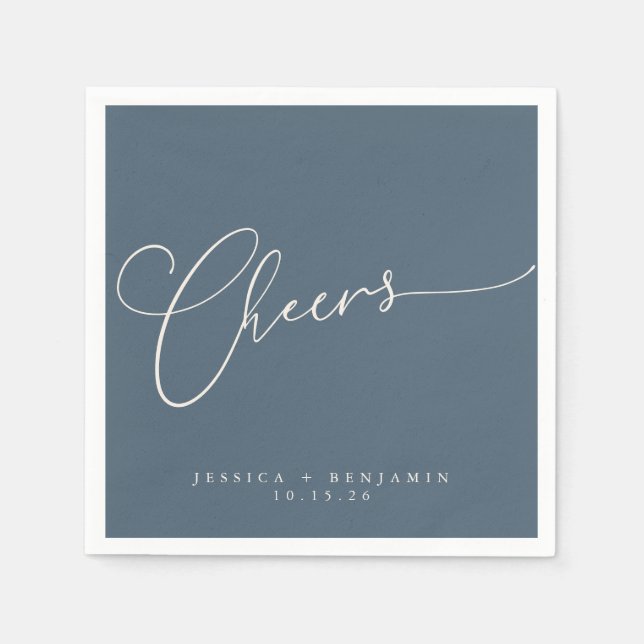 Cheers Minimal Dark Blue Script Custom Wedding Napkins (Front)