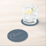 Cheers Minimal Dark Blue Script Custom Wedding Round Paper Coaster<br><div class="desc">Cheers Minimalist Dark Dusty Blue Script Custom Wedding Round Paper Coaster</div>
