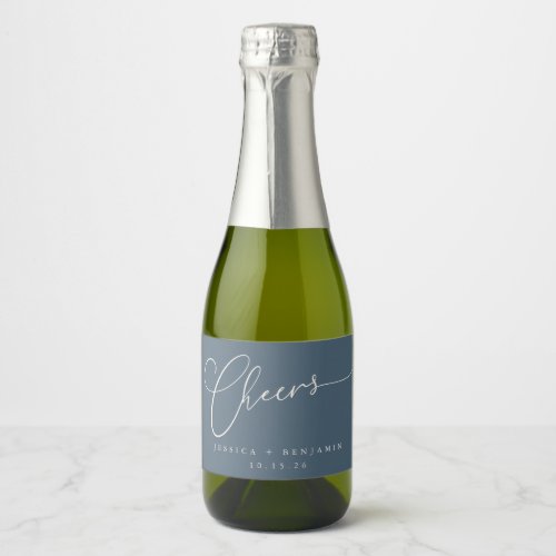 Cheers Minimal Dark Blue Script Custom Wedding  Sparkling Wine Label