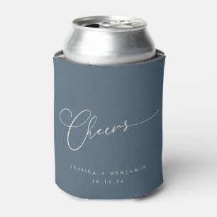 Cheers Minimal Dusky Blue Script Custom Wedding Can Cooler