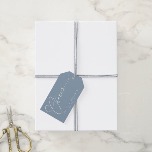 Cheers Minimal Dusty Blue Script Custom Wedding Gift Tags