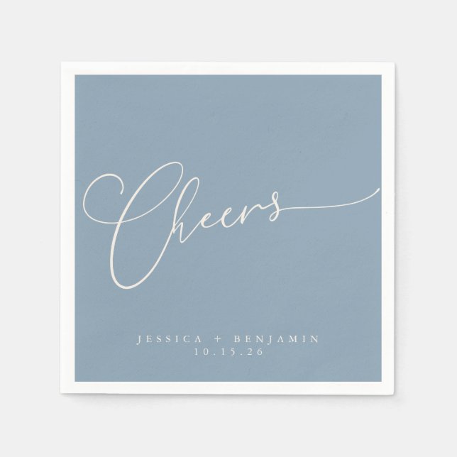 Cheers Minimal Dusty Blue Script Custom Wedding Napkins (Front)