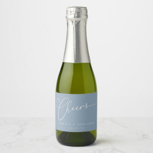 Cheers Minimal Dusty Blue Script Custom Wedding  Sparkling Wine Label
