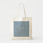 Cheers Minimal Dusty Blue Script Custom Wedding Tote Bag<br><div class="desc">Cheers Minimalist Script Custom Wedding Tote Bag in Dusty Blue</div>