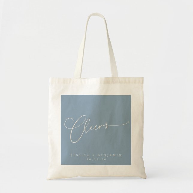 Cheers Minimal Dusty Blue Script Custom Wedding Tote Bag (Front)
