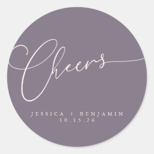 Cheers Minimal Dusty Purple Script Custom Wedding Classic Round Sticker