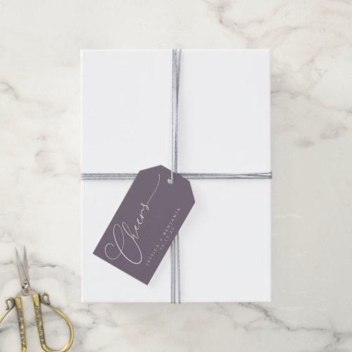 Cheers Minimal Dusty Purple Script Custom Wedding Gift Tags