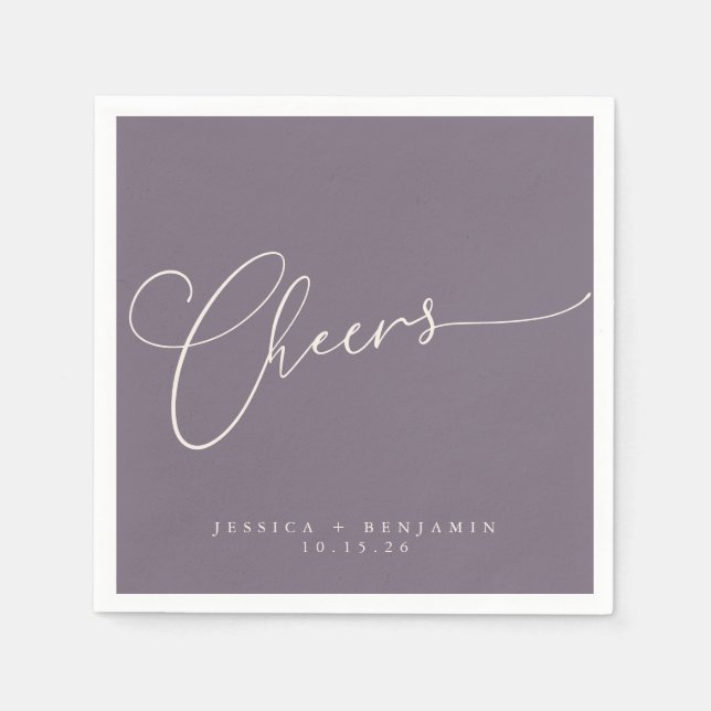 Cheers Minimal Dusty Purple Script Custom Wedding Napkins (Front)