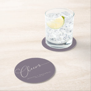Cheers Minimal Dusty Purple Script Custom Wedding Round Paper Coaster