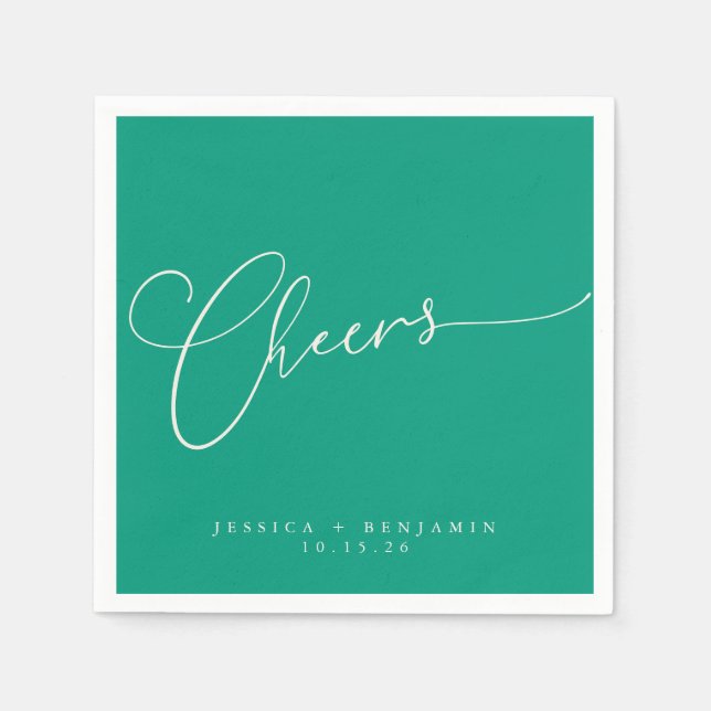 Cheers Minimal Emerald Green Script Custom Wedding Napkins (Front)