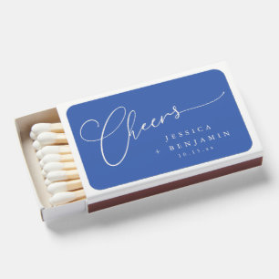 Cheers Minimal French Blue Script Custom Wedding Matchboxes