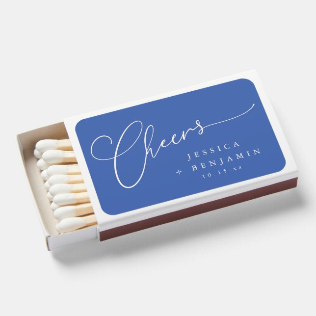 Cheers Minimal French Blue Script Custom Wedding Matchboxes (Front Open)