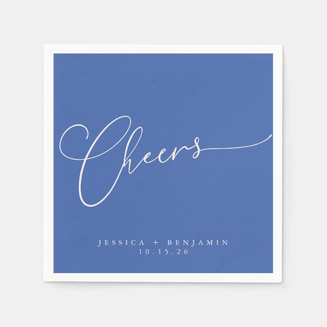 Cheers Minimal French Blue Script Custom Wedding Napkins (Front)