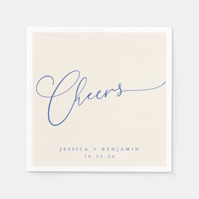 Cheers Minimal Ivory Blue Script Custom Wedding Napkins (Front)