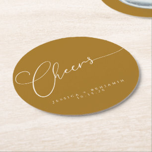 Cheers Minimal Mustard Gold Script Custom Wedding Round Paper Coaster