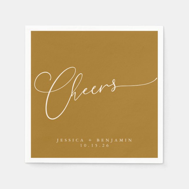 Cheers Minimal Ochre Gold Script Custom Wedding Napkins (Front)