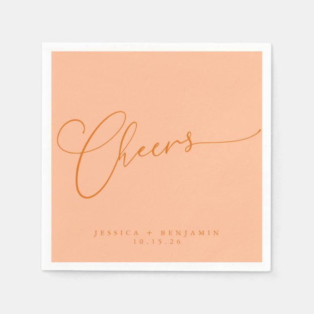 Cheers Minimal Peach Orange Script Custom Wedding Napkins (Front)