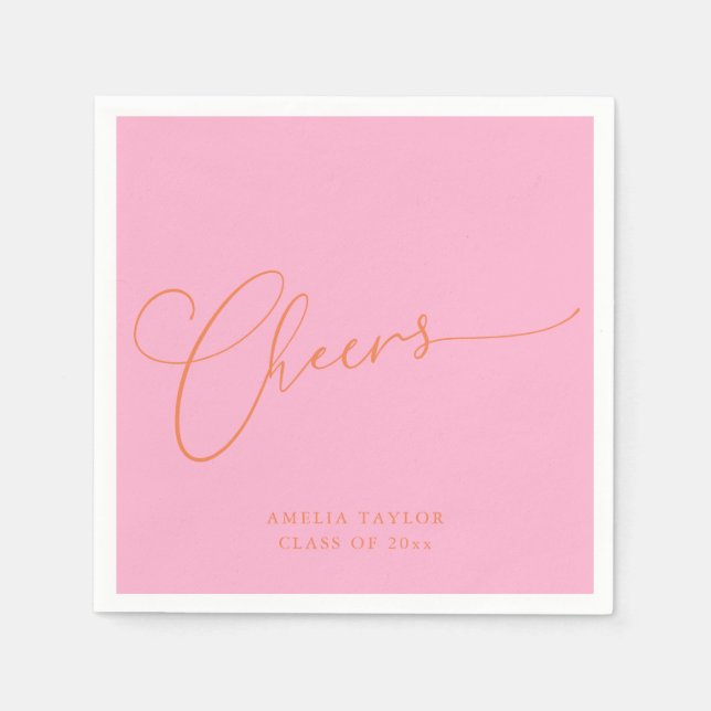 Cheers Minimal Pink Orange Script Graduation Party Napkins (Front)
