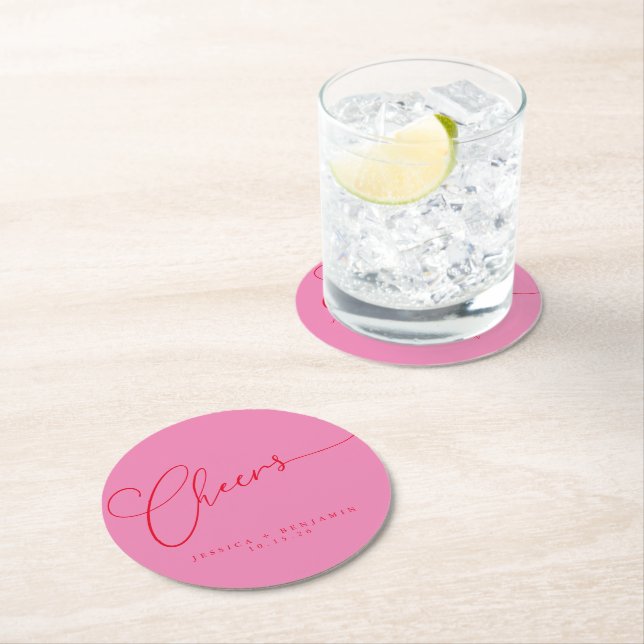 Cheers Minimal Pink Red Script Custom Wedding Round Paper Coaster (Insitu)