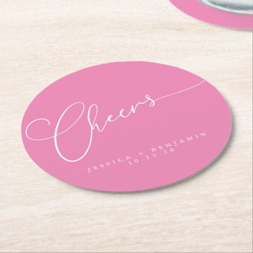 Cheers Minimal Pink White Script Custom Wedding Round Paper Coaster