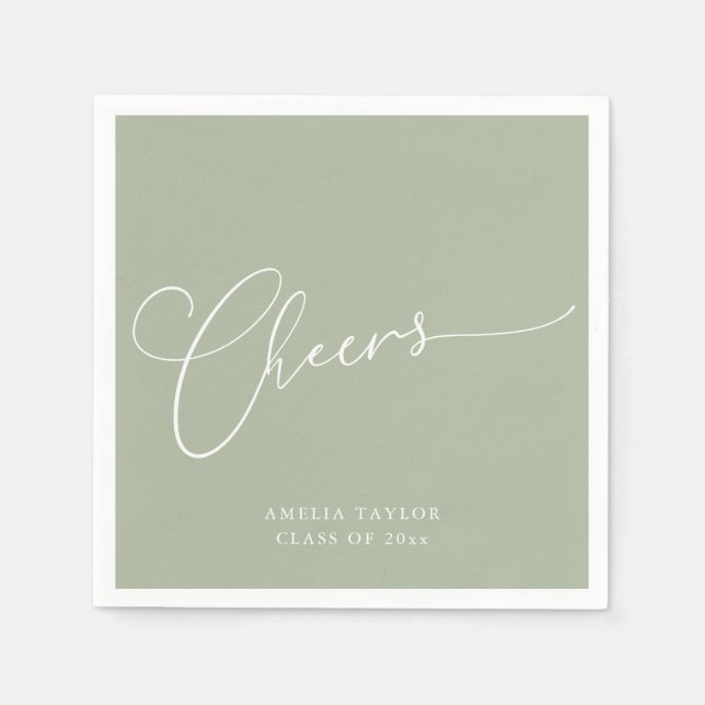 Cheers Minimal Sage Jade Script Graduation Party Napkins (Front)