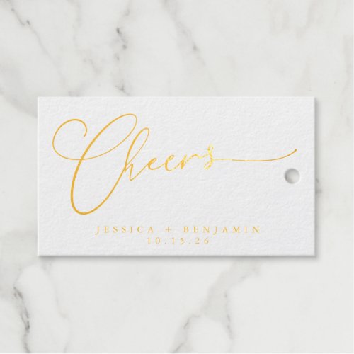 Cheers Minimal Script Custom Wedding White Gold  Foil Gift Tags