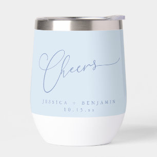 Cheers Minimal Soft Blue Script Custom Wedding   Thermal Wine Tumbler