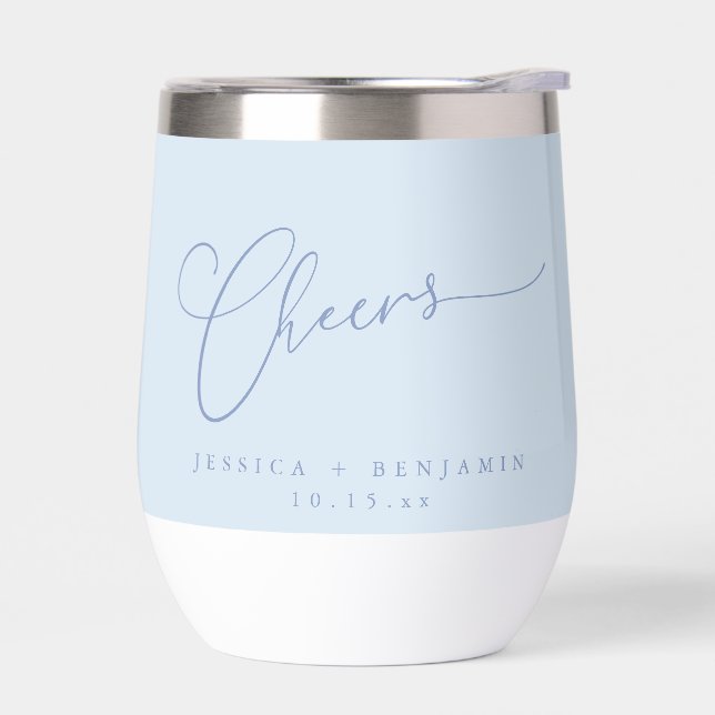 Cheers Minimal Soft Blue Script Custom Wedding   Thermal Wine Tumbler (Left)