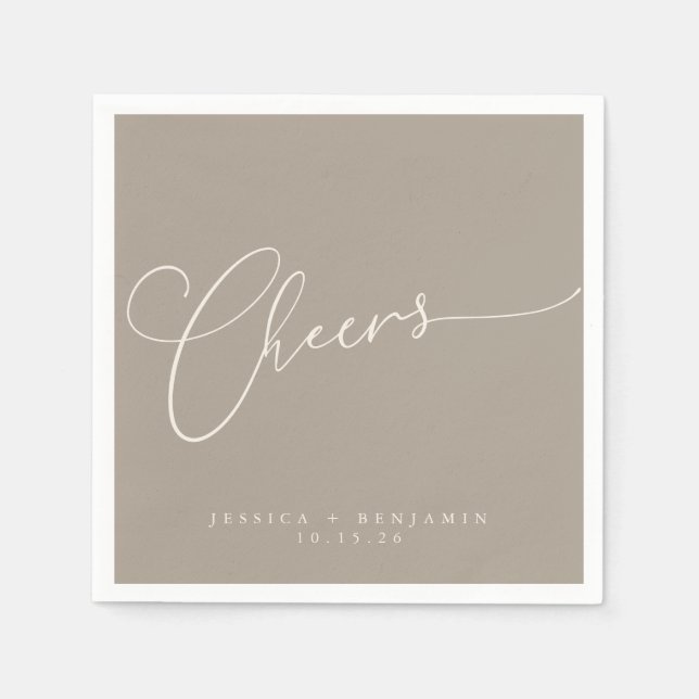 Cheers Minimal Taupe Brown Script Custom Wedding Napkins (Front)