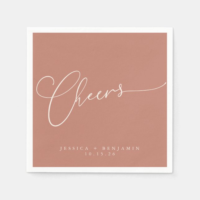 Cheers Minimal Terracotta Script Custom Wedding Napkins (Front)