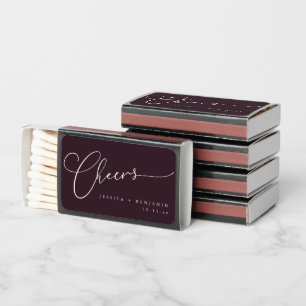Cheers Minimal Winter Plum Script Custom Wedding Matchboxes